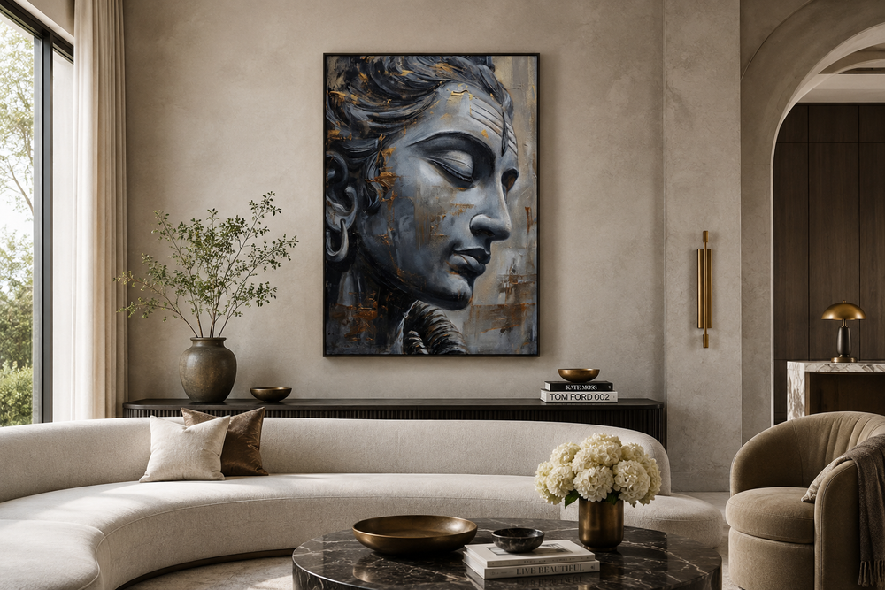 Lord Shiva abstract painting in a black frame, hanging above a console in a modern living room.