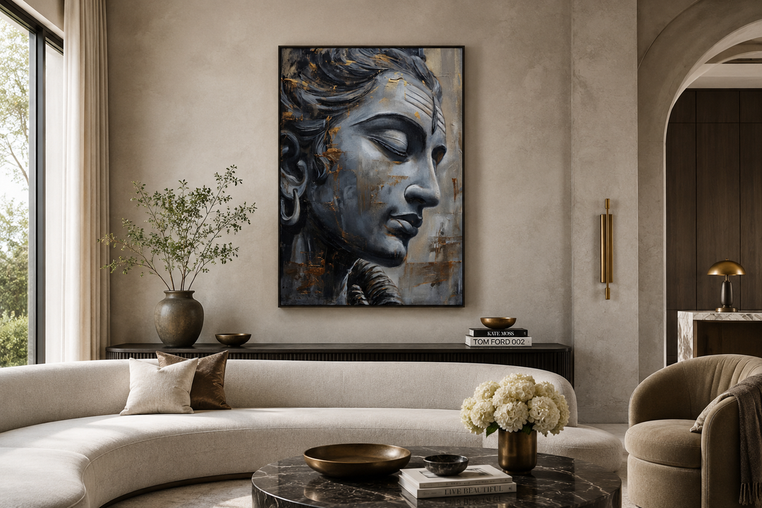 Lord Shiva abstract painting in a black frame, hanging above a console in a modern living room.
