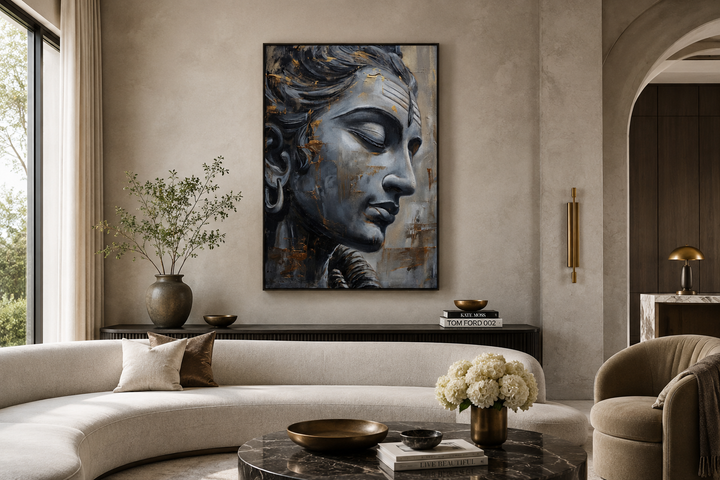 Lord Shiva abstract painting in a black frame, hanging above a console in a modern living room.