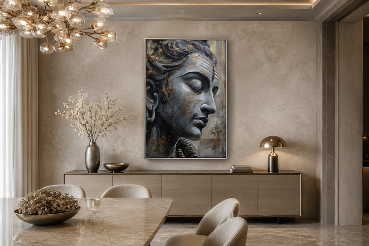 Lord Shiva abstract framed canvas wall art in a modern dining room setting.