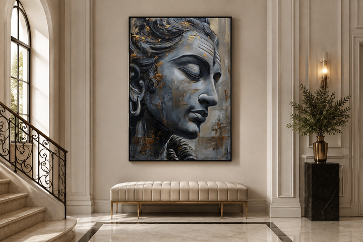 Lord Shiva abstract painting on framed canvas in a modern hallway with a beige bench.