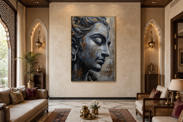 Large framed abstract canvas painting of Lord Shiva's face in a meditative pose on a neutral wall.