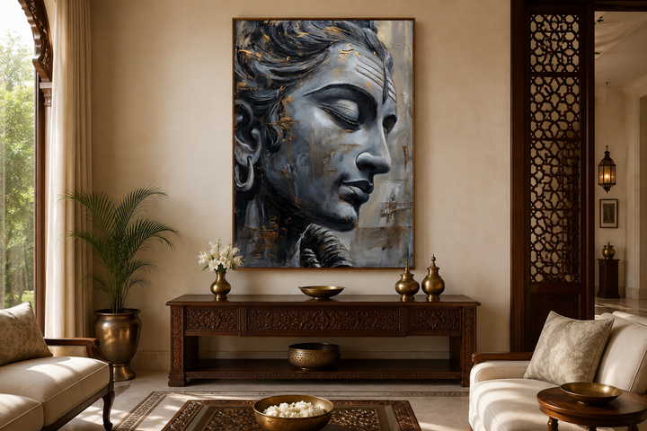 Lord Shiva abstract painting on framed canvas, displayed above a wooden console in a living room.