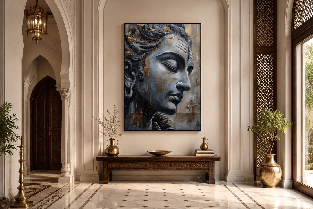 Lord Shiva abstract painting on framed canvas displayed in a serene, traditional Indian interior.