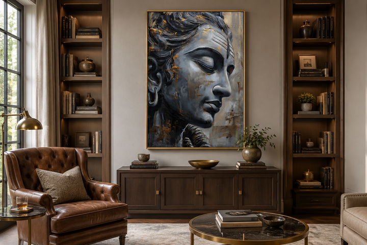 Lord Shiva abstract painting in a gold frame, displayed above a wooden cabinet in a library.