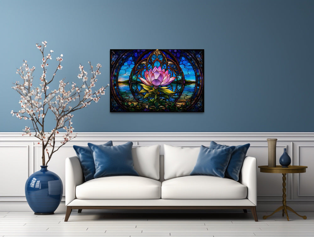 Lotus Flower Stained Glass Style Framed Canvas Wall Art