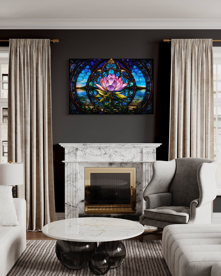 Lotus Flower Stained Glass Style Framed Canvas Wall Art