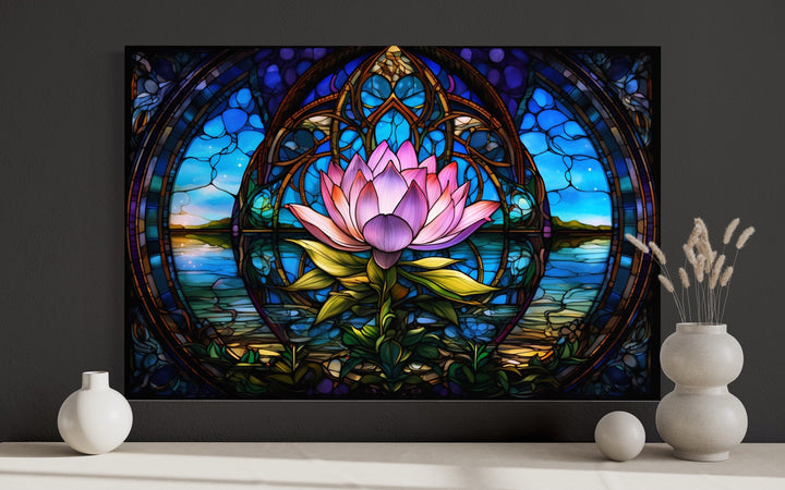 Lotus Flower Stained Glass Style Framed Canvas Wall Art