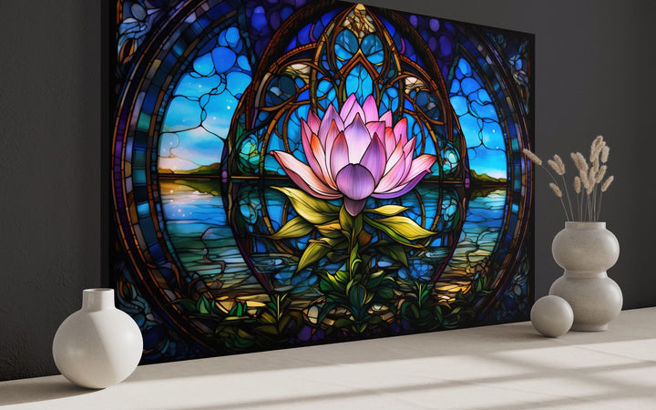 Lotus Flower Stained Glass Style Framed Canvas Wall Art