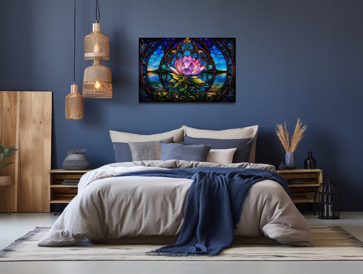 Lotus Flower Stained Glass Style Framed Canvas Wall Art