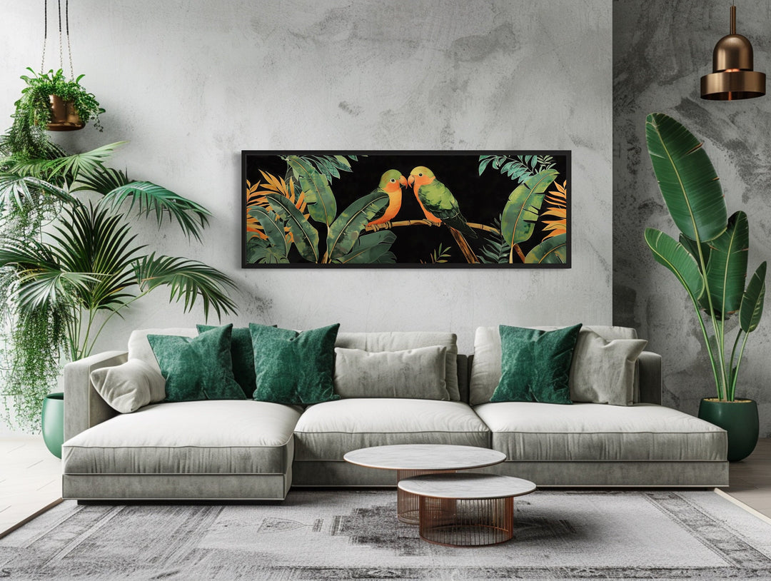 Lovebirds In Tropical Rainforest Long Horizontal Framed Canvas Wall Art