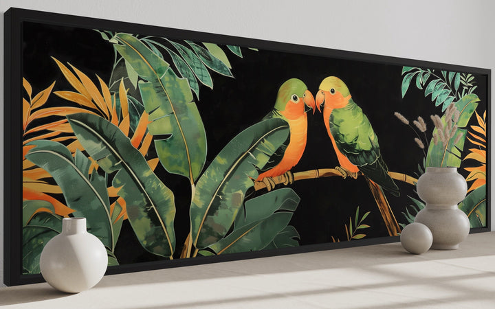 Lovebirds In Tropical Rainforest Long Horizontal Framed Canvas Wall Art