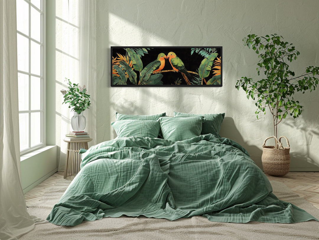 Lovebirds In Tropical Rainforest Long Horizontal Framed Canvas Wall Art