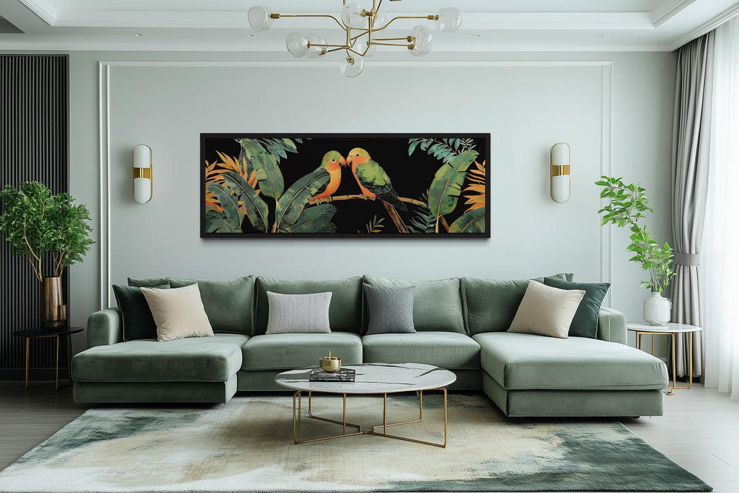 Lovebirds In Tropical Rainforest Long Horizontal Framed Canvas Wall Art