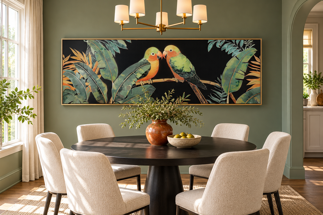 Lovebirds in tropical rainforest long horizontal framed canvas wall art in a sage green dining room.