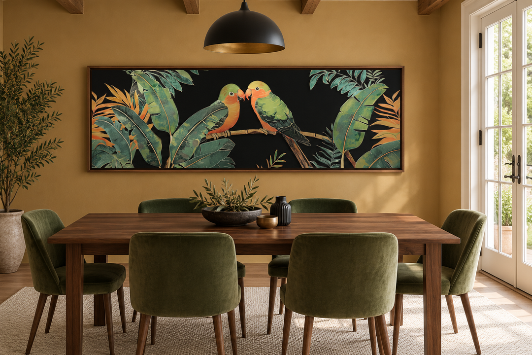 Lovebirds in tropical rainforest long horizontal framed canvas wall art in a dining room.