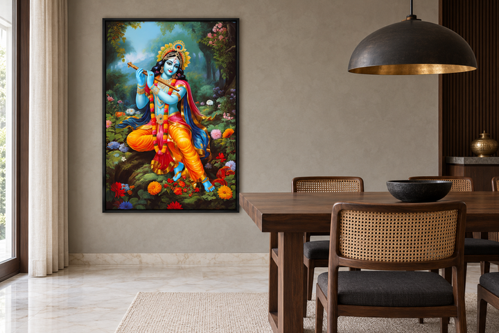 Lord Krishna playing flute in Vrindavan forest framed canvas wall art in a modern dining room.