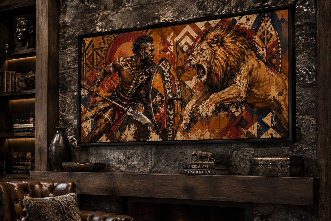 Framed canvas wall art of a Maasai warrior with a spear and shield fighting a charging lion.