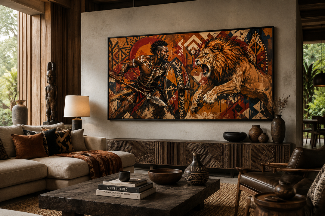 Maasai warrior fighting a lion framed canvas wall art in a modern living room setting.