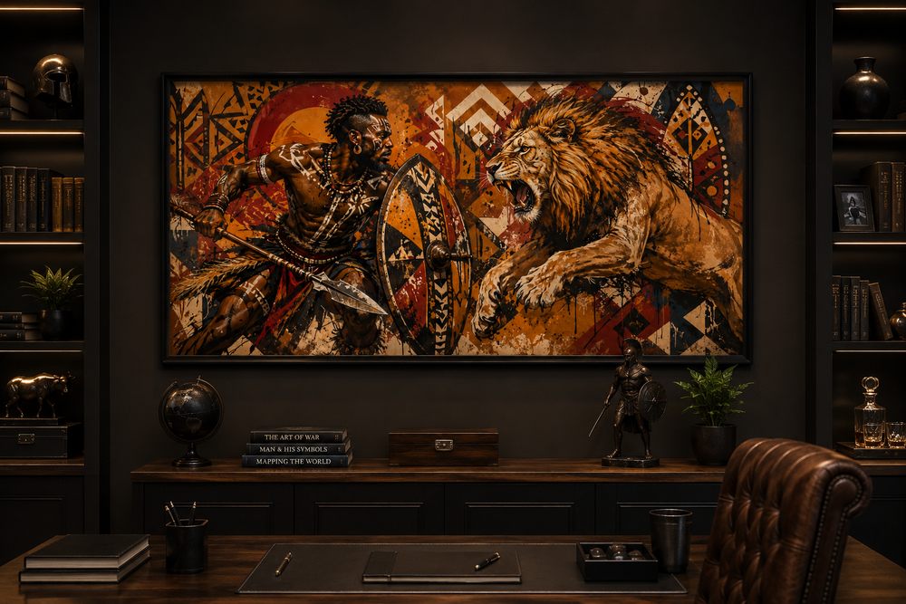 Framed canvas wall art of a Maasai warrior with spear and shield fighting a charging lion.