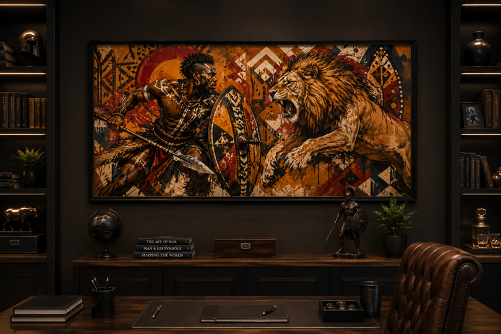 Framed canvas wall art of a Maasai warrior with spear and shield fighting a charging lion.