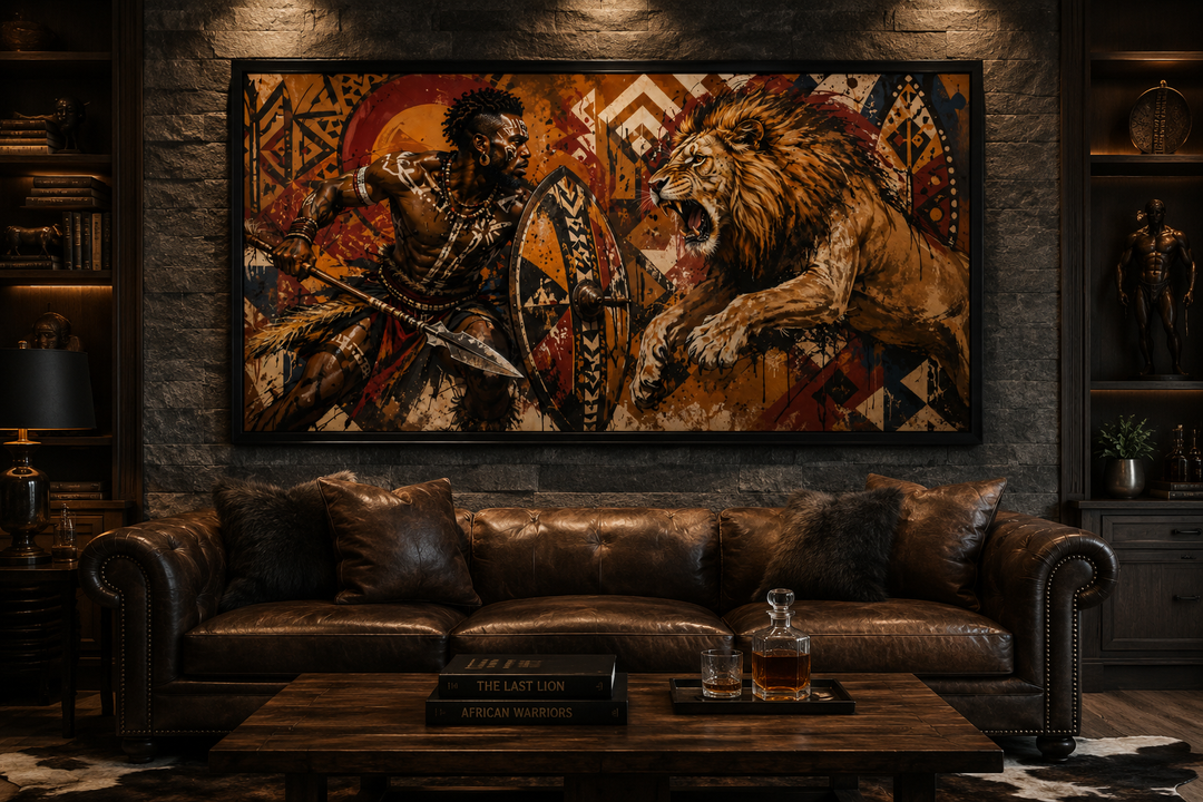Maasai African warrior fighting a lion framed canvas wall art in a dark, masculine office setting.