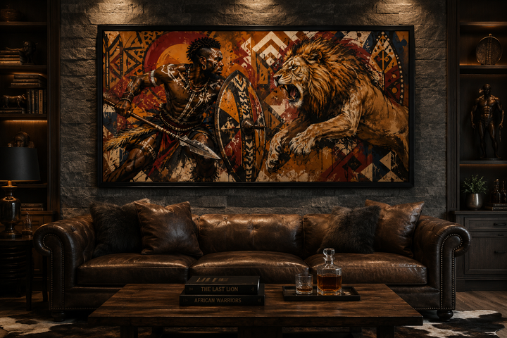 Maasai African warrior fighting a lion framed canvas wall art in a dark, masculine office setting.