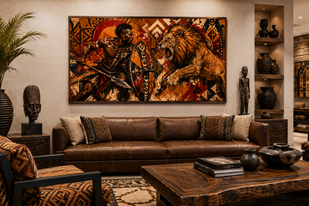Framed canvas wall art of a Maasai warrior fighting a lion in a modern African-themed living room.