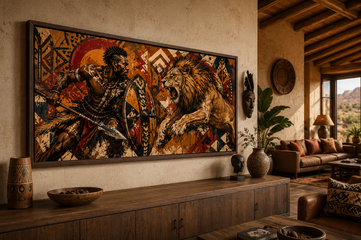Framed canvas wall art of a Maasai warrior fighting a lion in a modern office or living room.