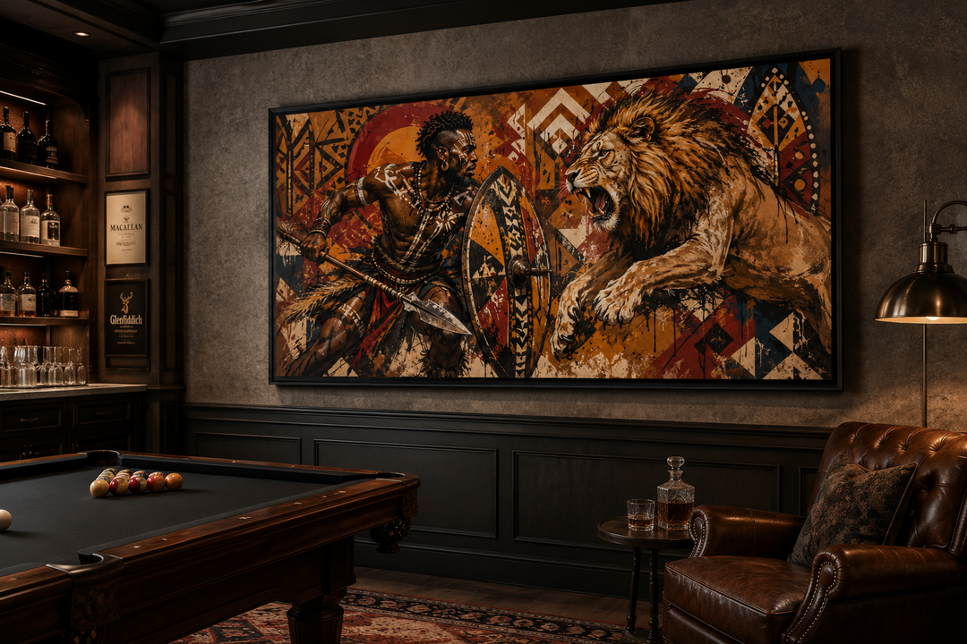 Maasai warrior fighting a lion framed canvas wall art in a dark, masculine office or game room.