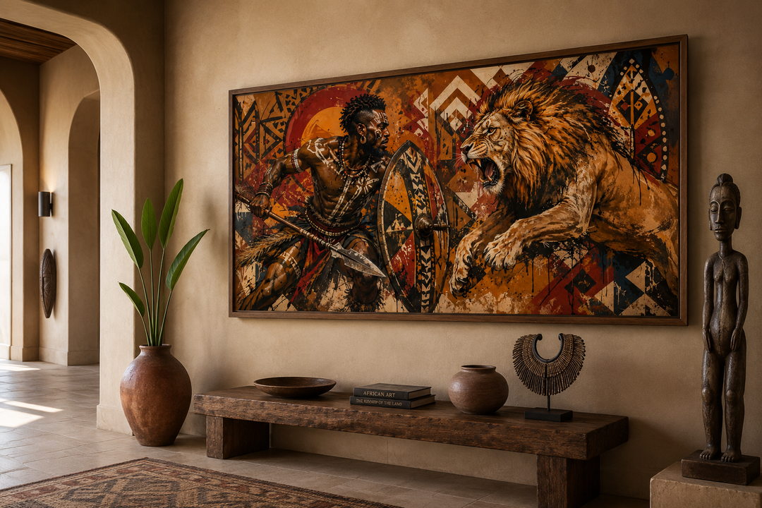 Framed canvas art of a Maasai warrior with spear and shield fighting a charging lion.