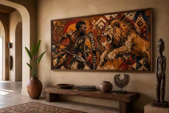 Framed canvas art of a Maasai warrior with spear and shield fighting a charging lion.