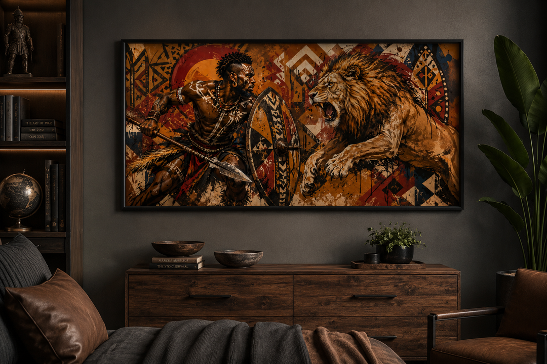 Maasai warrior with spear and shield fighting a charging lion on a framed panoramic canvas.