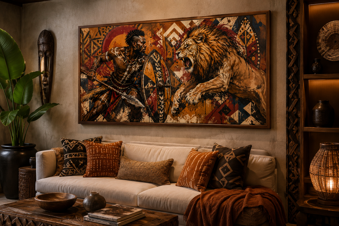 Maasai African warrior fighting a lion framed canvas wall art in a modern living room.
