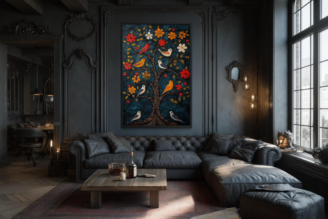 Madhubani Birds In The Tree wall art canvas print in a dark, moody living room setting.