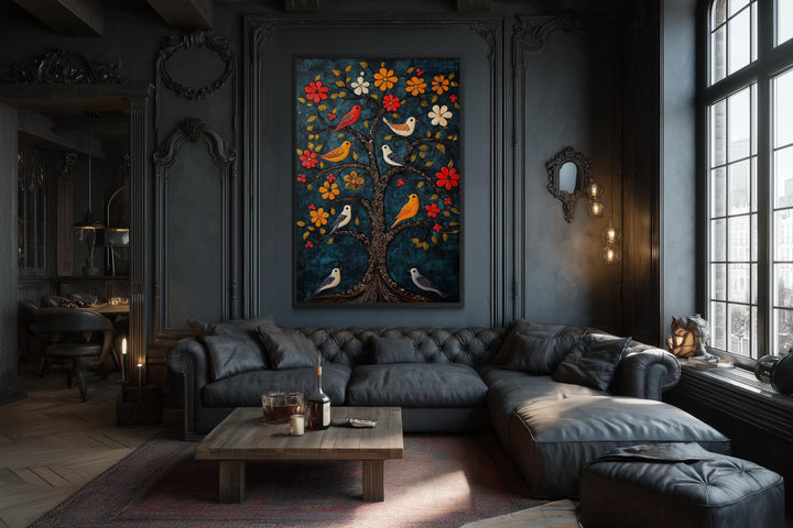 Madhubani Birds In The Tree wall art canvas print in a dark, moody living room setting.