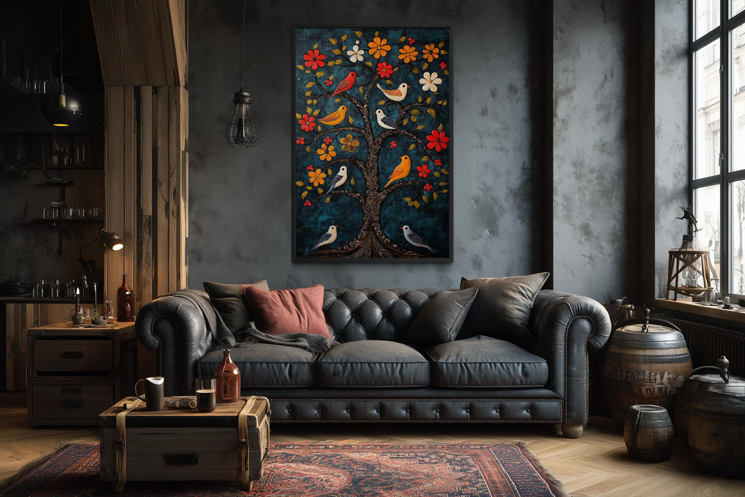 Madhubani Birds In The Tree wall art canvas print with colorful birds and flowers on a blue backdrop.