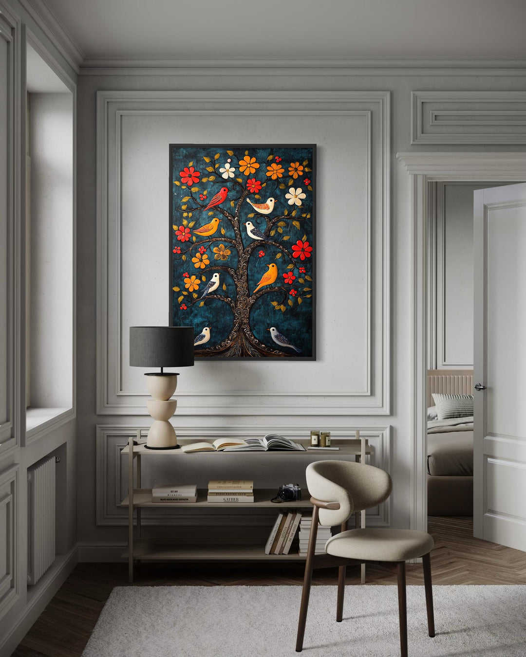 Madhubani birds in the tree wall art canvas print with a blue background in a modern room setting.