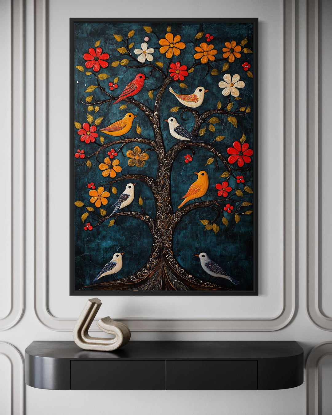 Madhubani birds in the tree wall art canvas print with a blue background and colorful floral motifs.