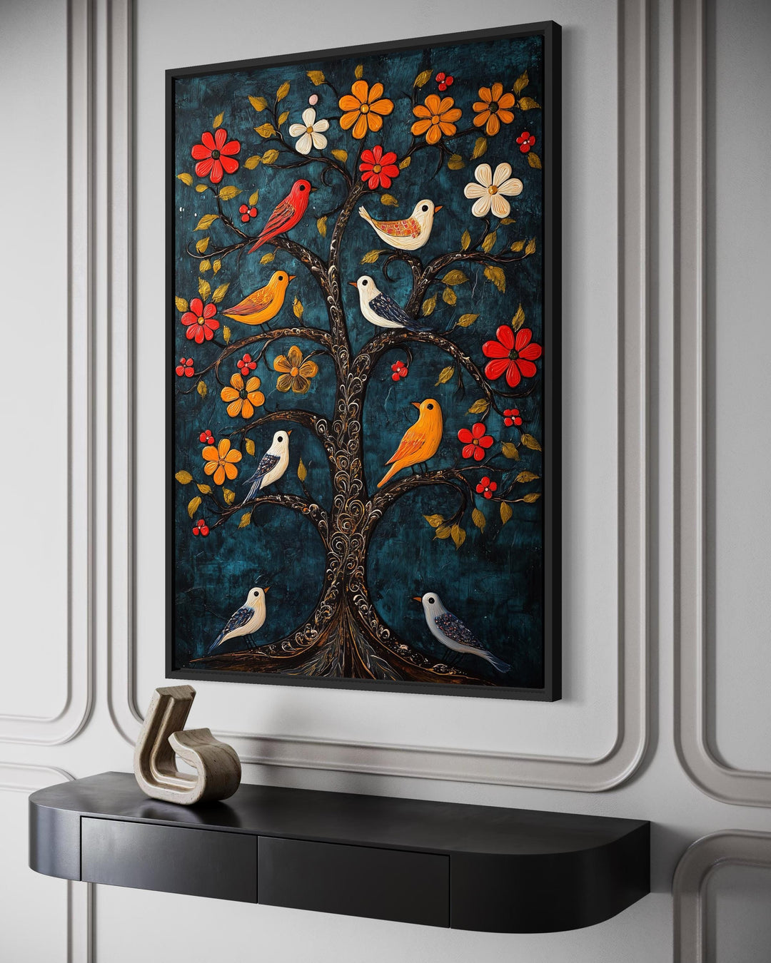 Madhubani birds in the tree wall art canvas print with a blue background on a white paneled wall.