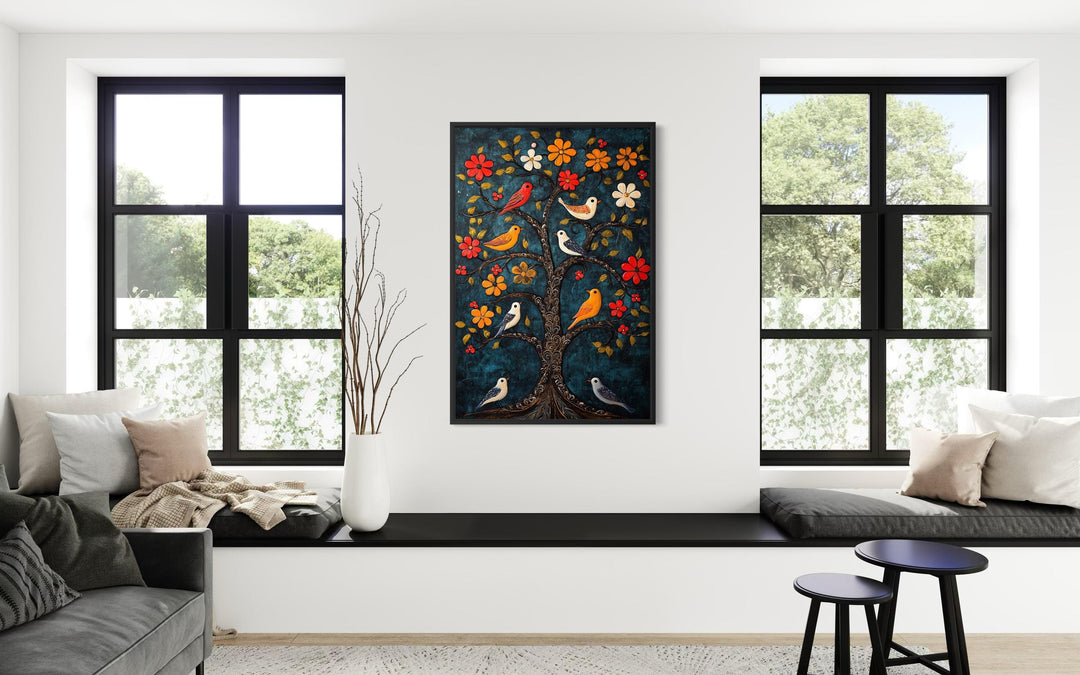 Madhubani Birds In The Tree wall art featuring colorful birds and flowers on a blue background.