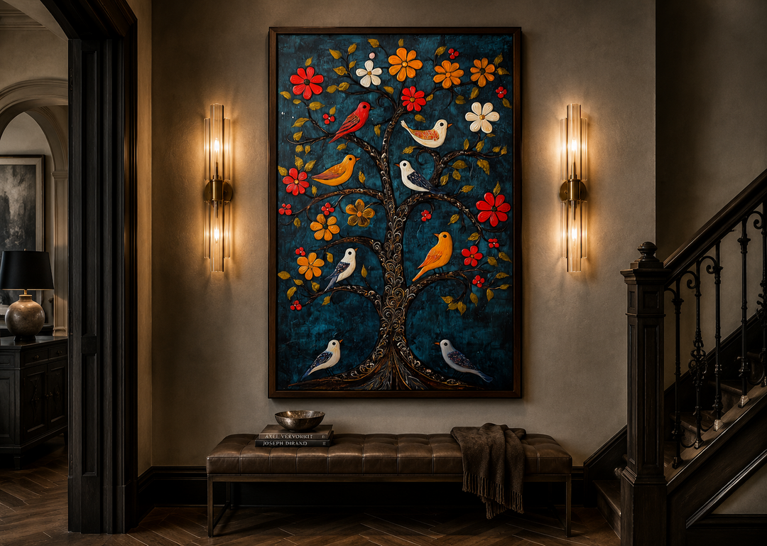 Madhubani Birds In The Tree wall art canvas print with colorful birds and flowers on blue background.