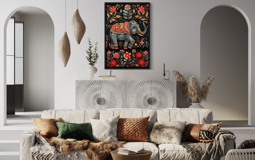 Madhubani Style Indian Elephant Framed Canvas Wall Art