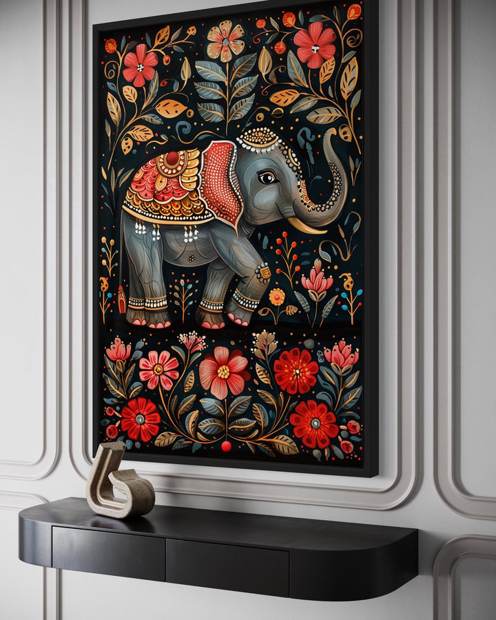 Madhubani Style Indian Elephant Framed Canvas Wall Art