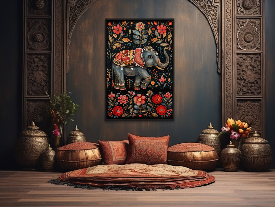 Madhubani Style Indian Elephant Framed Canvas Wall Art