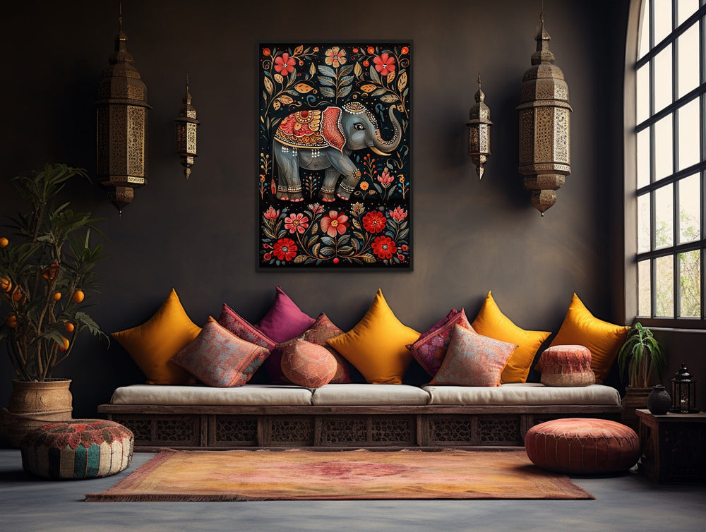 Madhubani style Indian elephant framed canvas wall art hanging in a bohemian living room.