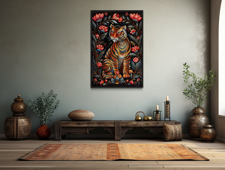 Madhubani Style Tiger Painting Framed Indian Canvas Wall Art