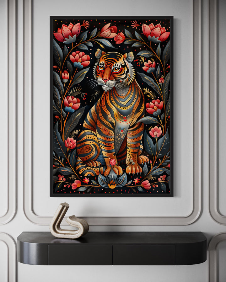 Madhubani Style Tiger Painting Framed Indian Canvas Wall Art