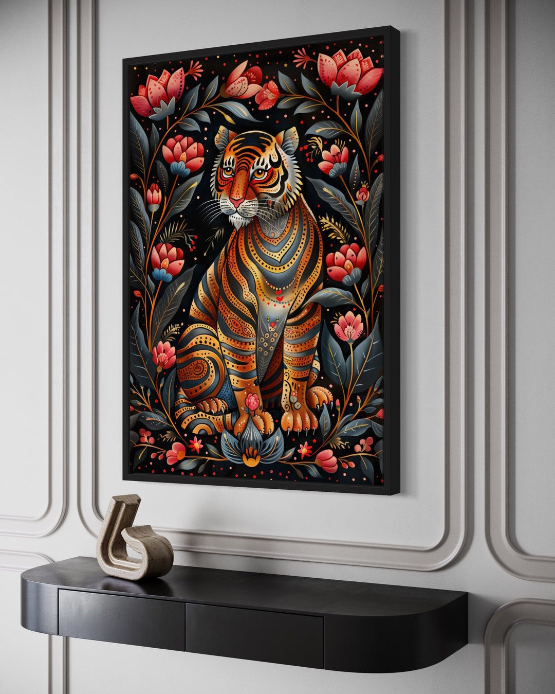 Madhubani Style Tiger Painting Framed Indian Canvas Wall Art