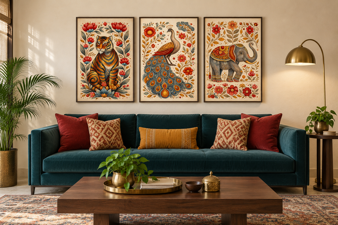 Set of 3 Madhubani animal canvas prints featuring a tiger, peacock, and elephant in a living room.